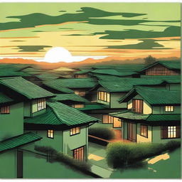A picturesque scene featuring green and black tones with a vision of numerous roofs