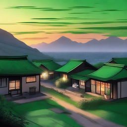 A picturesque scene featuring green and black tones with a vision of numerous roofs