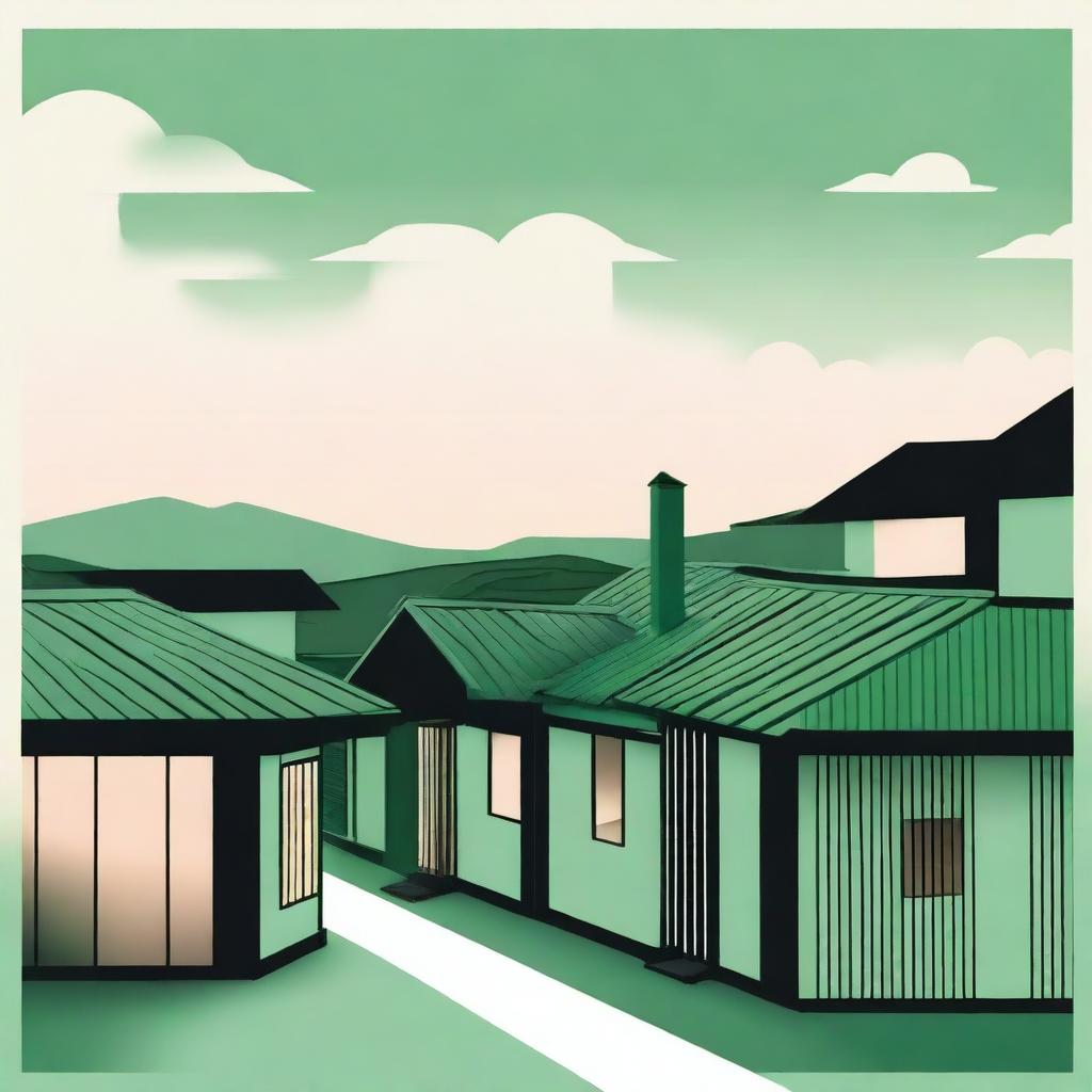 A minimalist scene featuring green and black tones with a vision of numerous roofs