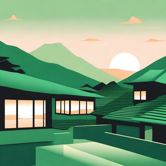 A minimalist scene featuring green and black tones with a vision of numerous roofs