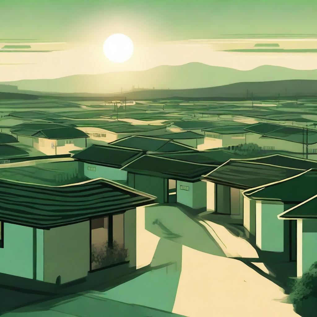 A serene scene featuring green and black tones, with houses, buildings, and roofs in the background