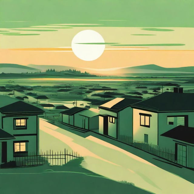 A serene scene featuring green and black tones, with houses, buildings, and roofs in the background