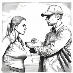 Create an ink drawing of a guy and a girl with dog heads pointing guns at each other