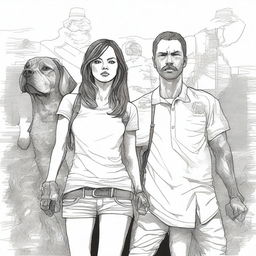 Create an ink drawing of a guy and a girl with dog heads pointing guns at each other