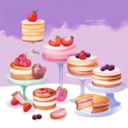 A delicious dessert display featuring an assortment of cakes, pastries, and cookies, beautifully arranged in a watercolor painting style