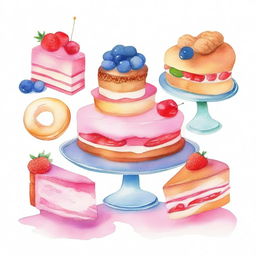 A delicious dessert display featuring an assortment of cakes, pastries, and cookies, beautifully arranged in a watercolor painting style