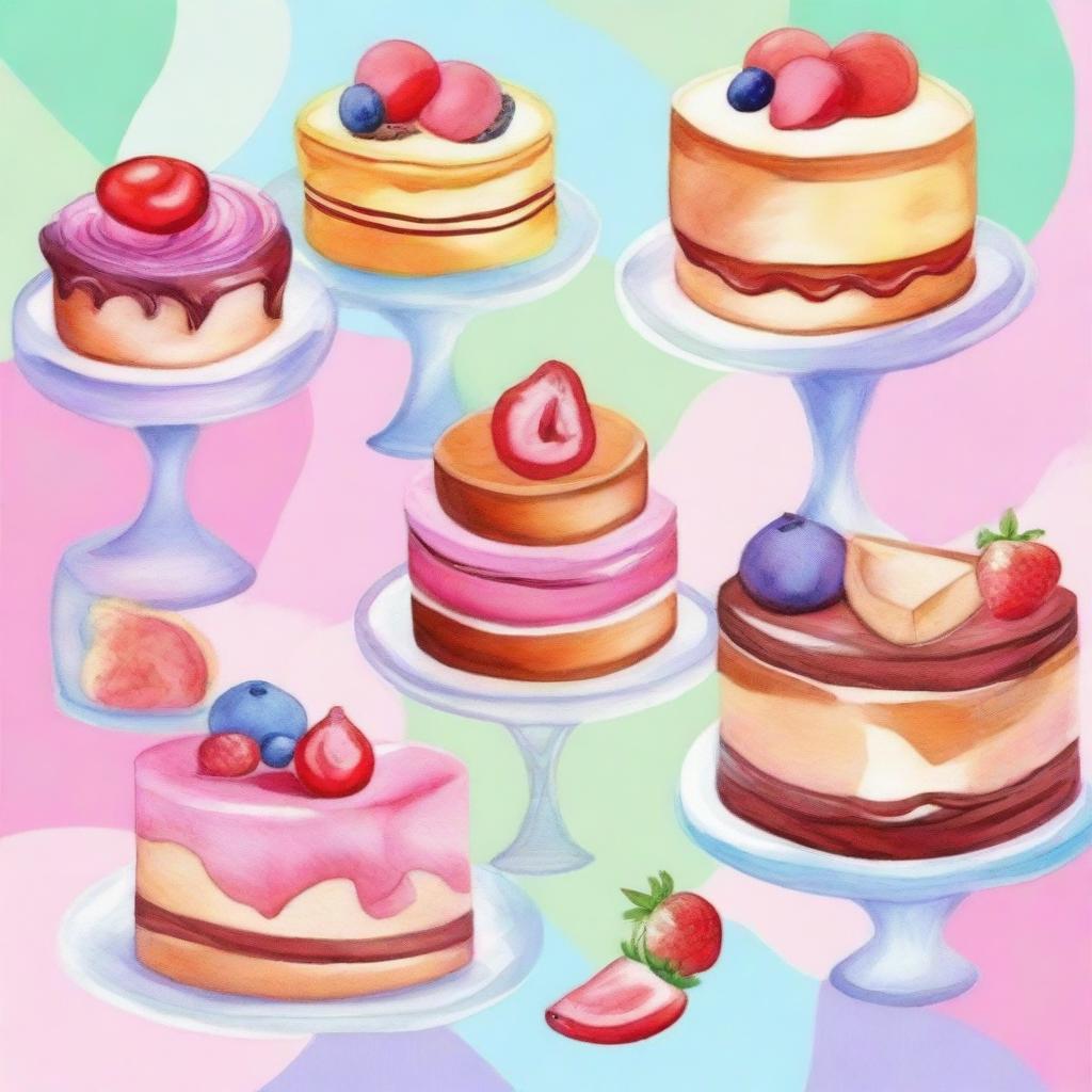 A delicious dessert display featuring an assortment of cakes, pastries, and cookies, beautifully arranged in a watercolor painting style