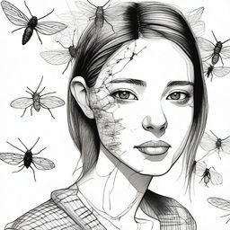 Create an ink drawing of a girl with cockroaches on her face