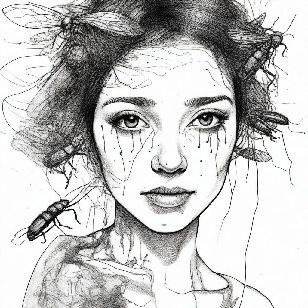 Create an ink drawing of a girl with cockroaches on her face