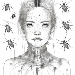 Create an ink drawing of a girl with cockroaches on her face