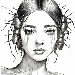 Create an ink drawing of a girl with cockroaches on her face