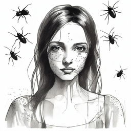 Create an ink drawing of a girl with cockroaches running on her face