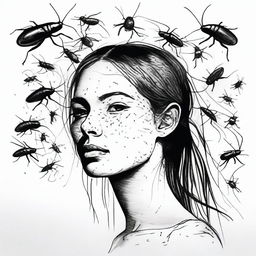 Create an ink drawing of a girl with cockroaches running on her face