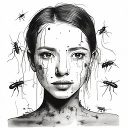 Create an ink drawing of a girl with cockroaches running on her face