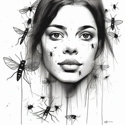 Create an ink drawing of a girl with cockroaches running on her face