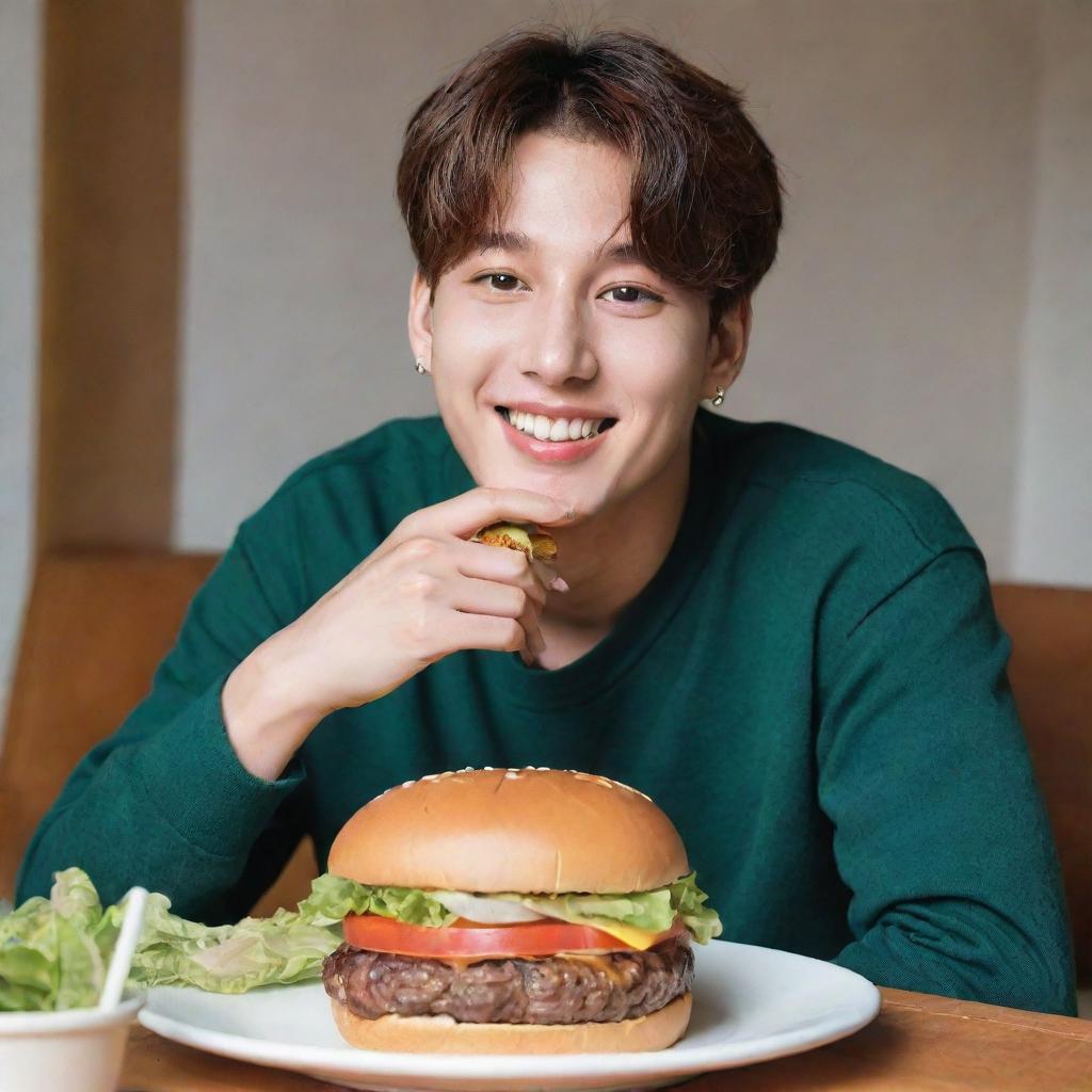 BTS' Jungkook sitting comfortably, smiling, and enjoying a tasty, juicy burger with visible lettuce, tomato, cheese, and a succulent beef patty