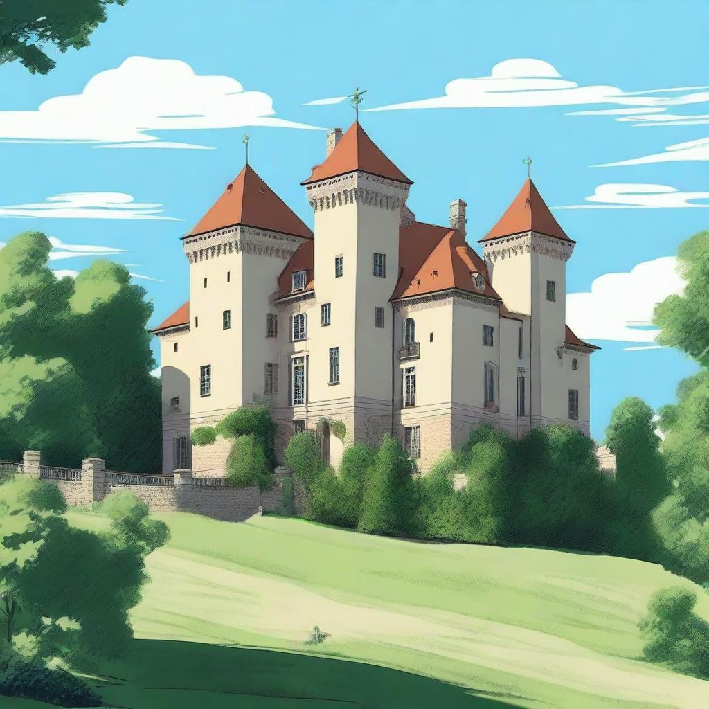 A detailed illustration of Château de Montmelas, a historic castle located in Lyon, France