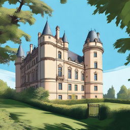 A detailed illustration of Château de Montmelas, a historic castle located in Lyon, France