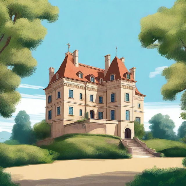 A detailed illustration of Château de Montmelas, a historic castle located in Lyon, France