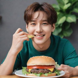 BTS' Jungkook sitting comfortably, smiling, and enjoying a tasty, juicy burger with visible lettuce, tomato, cheese, and a succulent beef patty