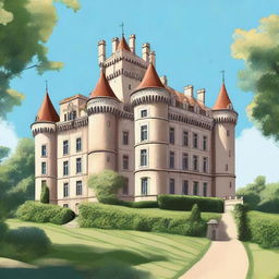 A detailed illustration of Château de Montmelas, a historic castle located in Lyon, France