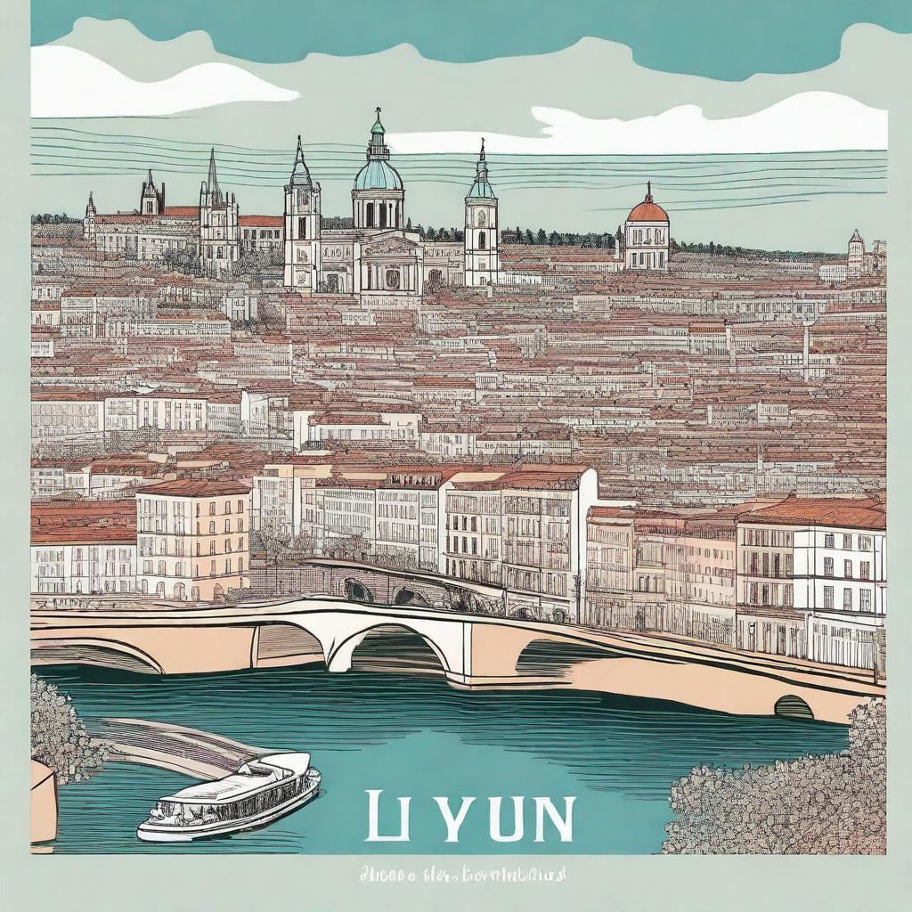 A detailed and vibrant illustration of the city of Lyon, France