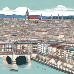 A detailed and vibrant illustration of the city of Lyon, France