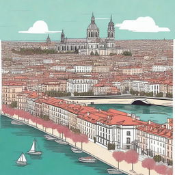 A detailed and vibrant illustration of the city of Lyon, France