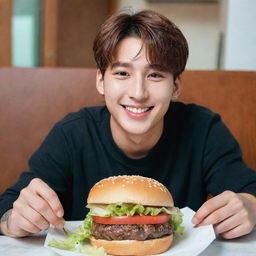 BTS' Jungkook sitting comfortably, smiling, and enjoying a tasty, juicy burger with visible lettuce, tomato, cheese, and a succulent beef patty