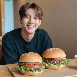 BTS' Jungkook sitting comfortably, smiling, and enjoying a tasty, juicy burger with visible lettuce, tomato, cheese, and a succulent beef patty