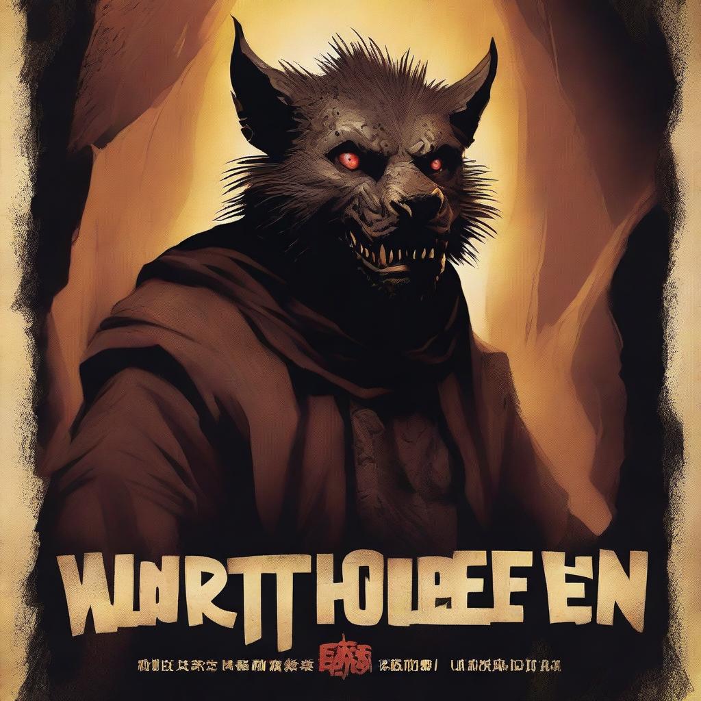 A dramatic movie poster for 'Wretched Face Cavern' featuring an evil gnoll druid with a sinister expression