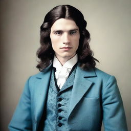 A 25-year-old male wearing a 19th-century black suit