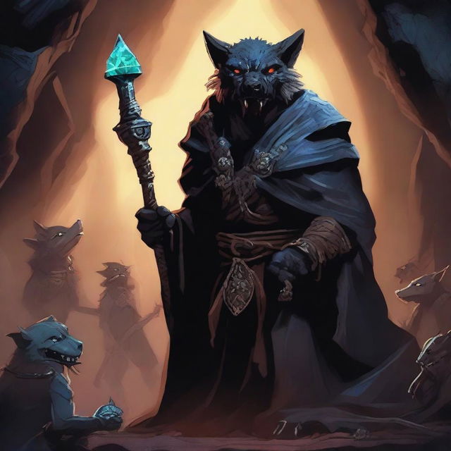 A movie poster for the film 'Wretched Face Cavern' featuring an evil gnoll druid with menacing eyes and dark robes, surrounded by kobold underlings holding weapons, and a baby dragon perched on the gnoll's shoulder