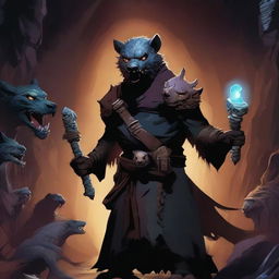 A movie poster for the film 'Wretched Face Cavern' featuring an evil gnoll druid with menacing eyes and dark robes, surrounded by kobold underlings holding weapons, and a baby dragon perched on the gnoll's shoulder