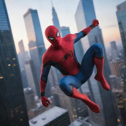 Spider-Man in his iconic red and blue suit, swinging through the skyscrapers in a bustling city at dusk.