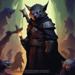 A movie poster for the film 'Wretched Face Cavern' featuring an evil gnoll druid with menacing eyes and dark robes, surrounded by kobold underlings holding weapons, and a baby dragon perched on the gnoll's shoulder