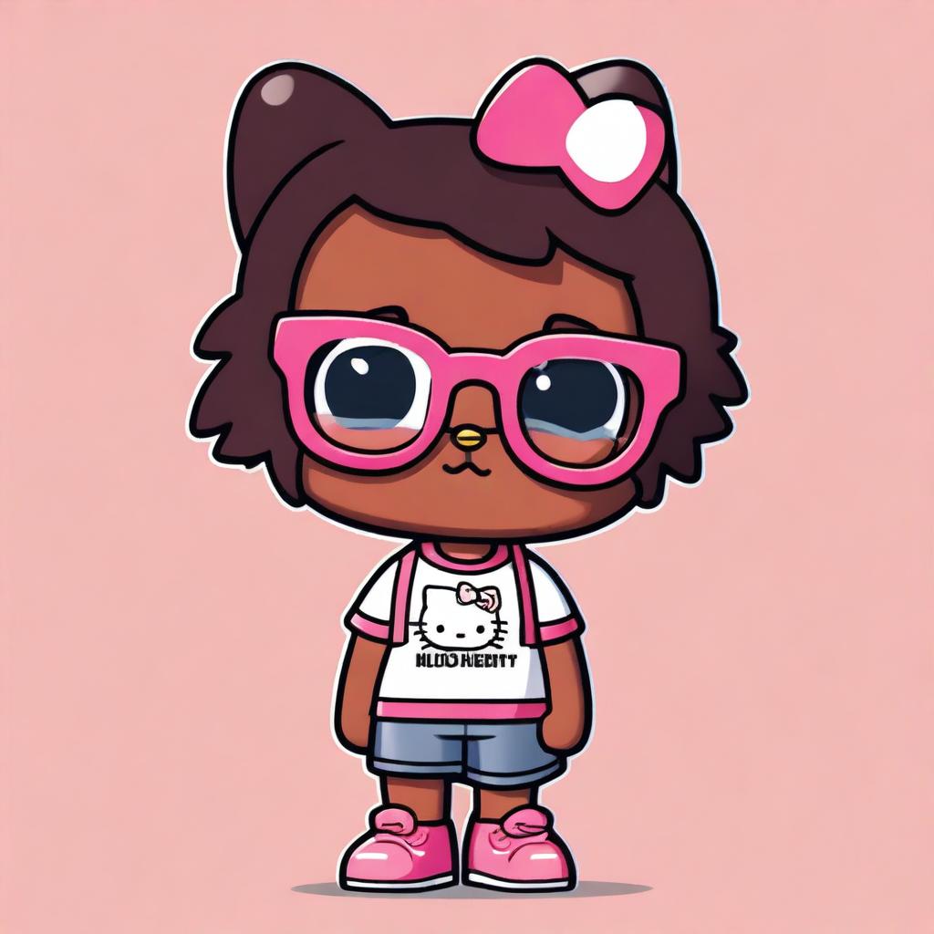 A dark-skinned Hello Kitty character wearing glasses and sporting short, layered hair