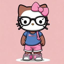 A dark-skinned Hello Kitty character wearing glasses and sporting short, layered hair