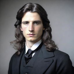 A 28-year-old male wearing a 19th century black suit