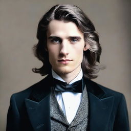 A 28-year-old male wearing a 19th century black suit