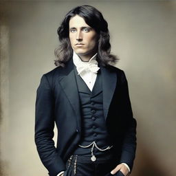 A 28-year-old male wearing a 19th century black suit