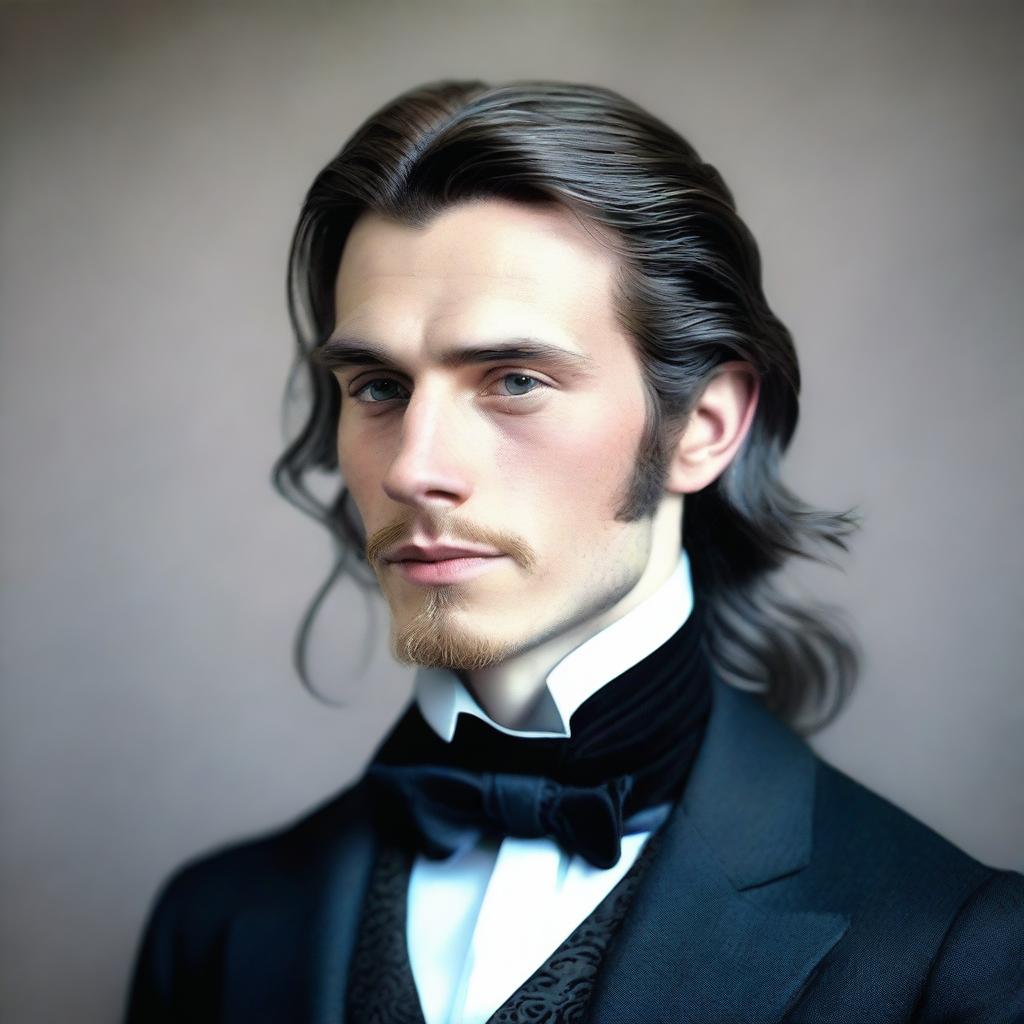 A 28-year-old male wearing a 19th century black suit