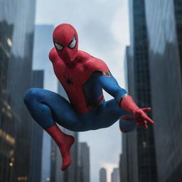 Spider-Man in his iconic red and blue suit, swinging through the skyscrapers in a bustling city at dusk.