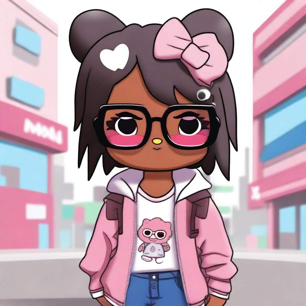 A dark-skinned Hello Kitty character wearing glasses and layered hair, dressed in urban clothing