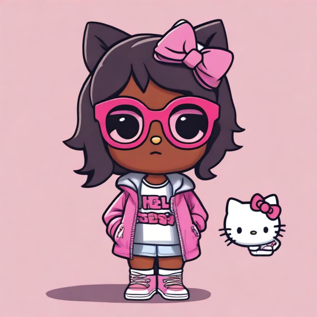 A dark-skinned Hello Kitty character wearing glasses and layered hair, dressed in urban clothing