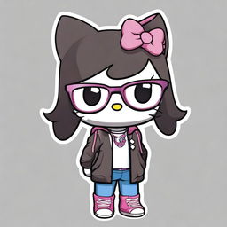 A dark-skinned Hello Kitty character wearing glasses and layered hair, dressed in urban clothing