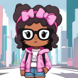 A dark-skinned Hello Kitty character wearing glasses and layered hair, dressed in urban clothing