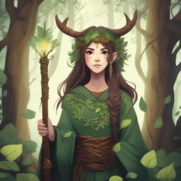 A detailed illustration of a girl druid in a mystical forest