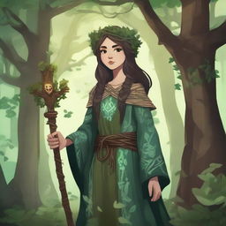 A detailed illustration of a girl druid in a mystical forest