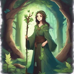 A detailed illustration of a girl druid in a mystical forest